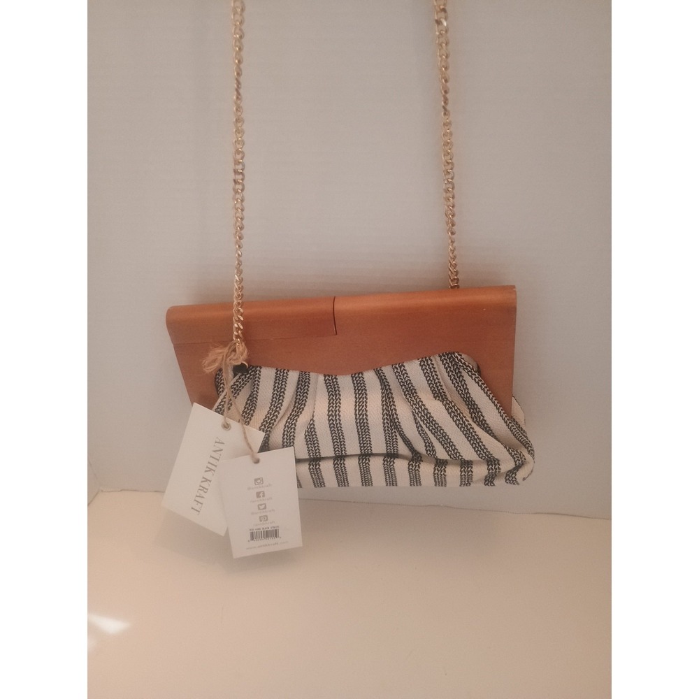 Women's Antik Kraft Crossbody Bag Purse Black/White Canvas Wood/Gold Accents NWT - Picture 2 of 5